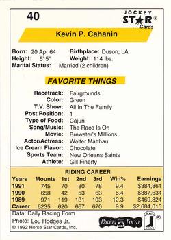 1992 Jockey Star #40 Kevin Cahanin Back